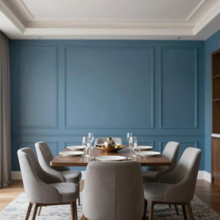 An elegant dining room featuring a bold accent wall in a muted blue shade with clean edges against the ceiling.
