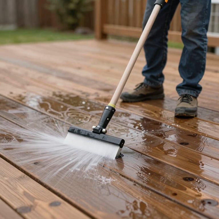 A wooden deck being professionally power washed, showing a clear before-and-after contrast of cleanliness.