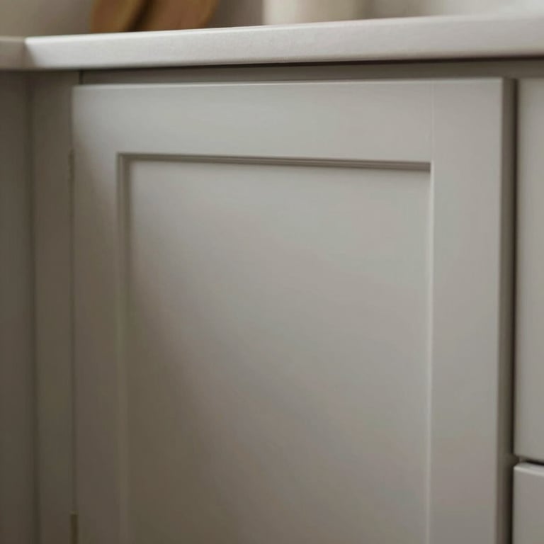 A close-up of a perfectly painted kitchen cabinet door showing a smooth, professional matte finish.