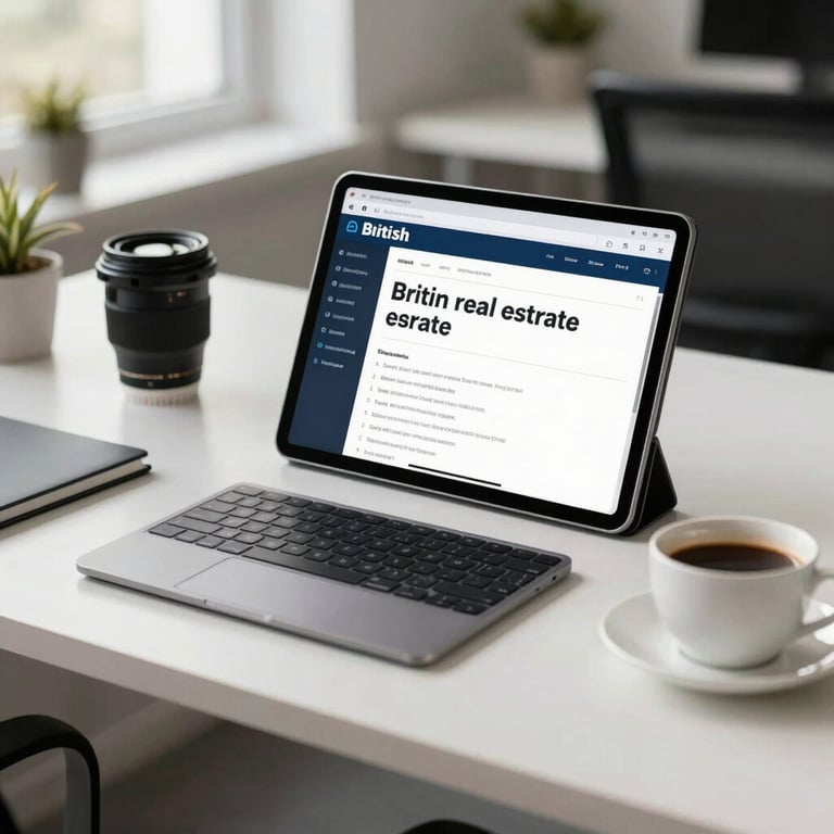 A stylish, professional desk setup with a tablet and coffee cup in a light-filled British real estate office.