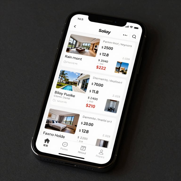 A modern smartphone displaying a clean user interface with high-resolution property photos and price details.