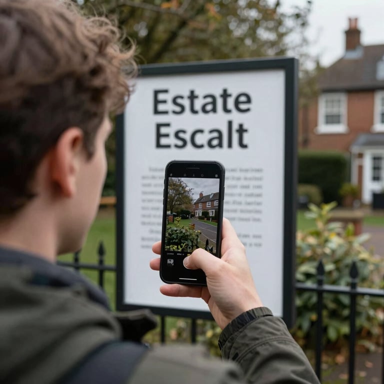 An over-the-shoulder view of a person looking at an estate agent board through their phone camera in a leafy British suburb.