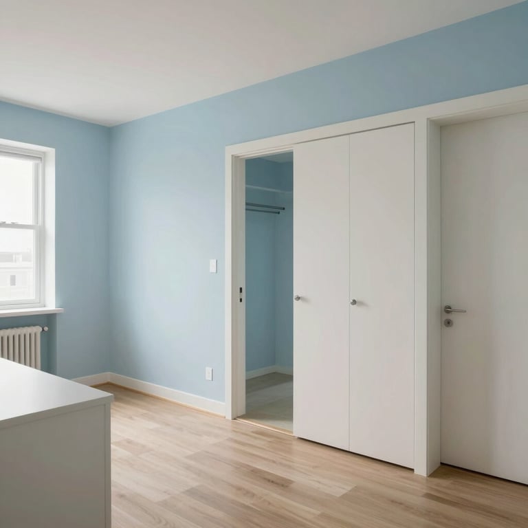 The bright and modern interior of a newly listed apartment, featuring light blue and off-white decor.