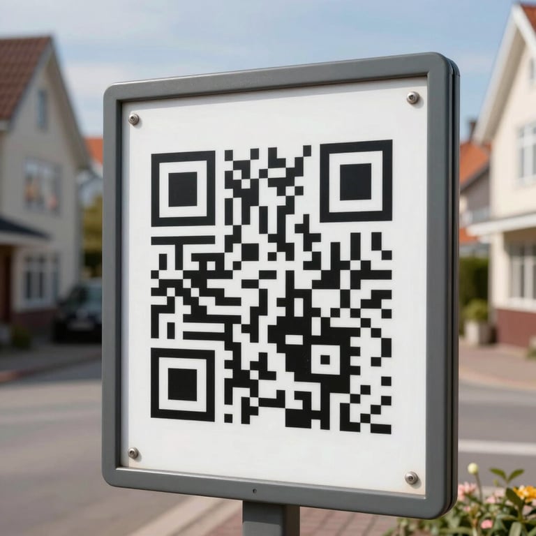 A detailed shot of a professional QR code on a property board in a bright Northern European residential street.