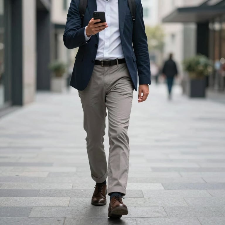 A person in smart-casual attire walking down a clean, modern street looking at a property app on their phone.