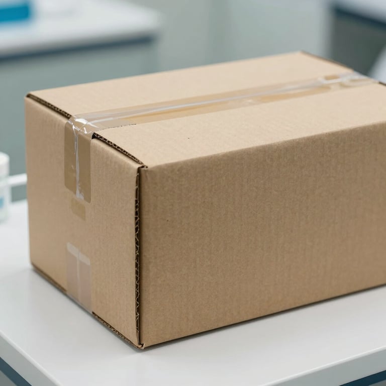 Tight macro shot of a secure, unbranded eco-friendly cardboard shipping box on a pristine white medical counter, soft side lighting.