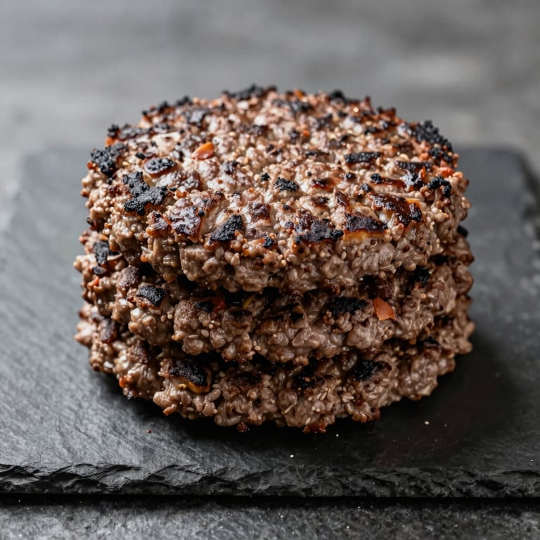 A stack of thick gourmet beef burger patties on a dark stone platter, rustic and high-quality food photography style.