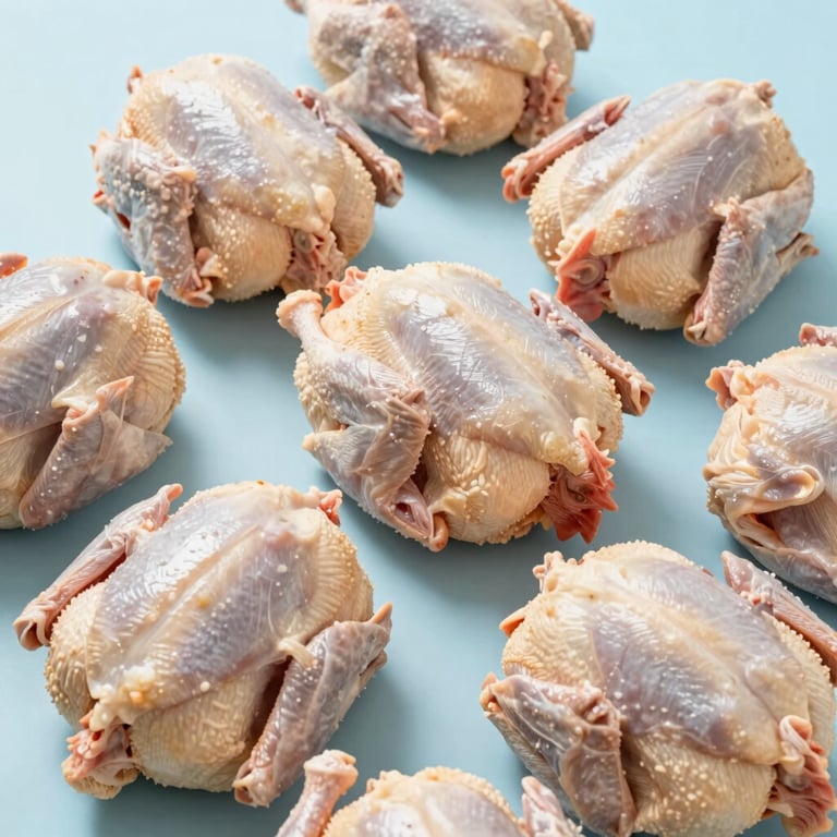 High-quality commercial shot of whole grade-A chickens chilled and professionally arranged, bright lighting, white and light blue color palette.