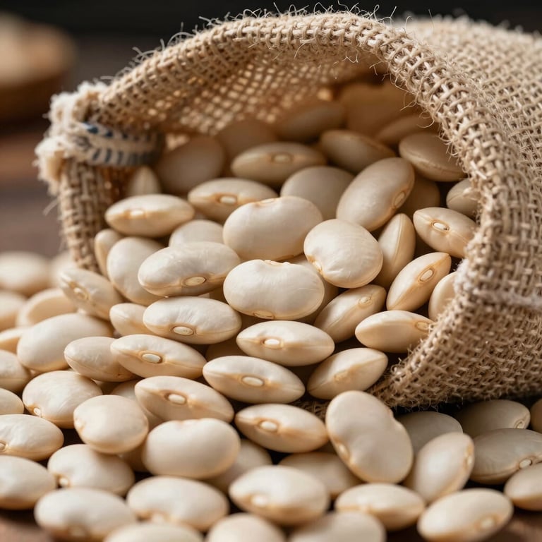 Macro photography of dried white haricot beans in a rustic burlap bag, sharp focus, professional clean aesthetic.