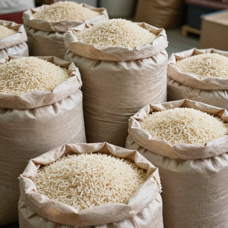 Large textile sacks overflowing with premium long-grain white basmati rice, Middle Eastern warehouse setting, soft natural light.