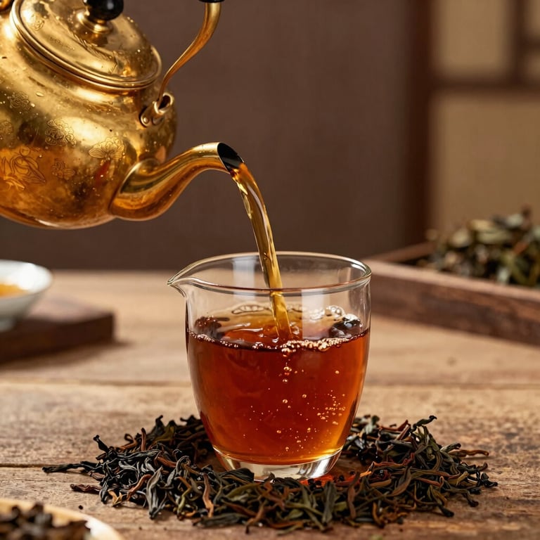 A traditional gold metal tea pot pouring dark tea into a glass, loose tea leaves scattered around, warm inviting lighting.