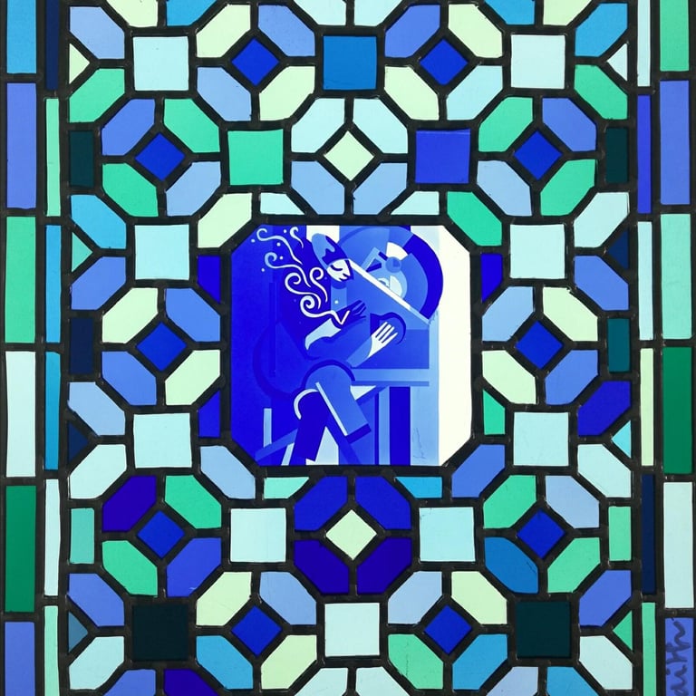 Tracé géométrique et composition d'un vitrail contemporain bleu et vert, œuvre d'art d'Édith Théret à Paris.
