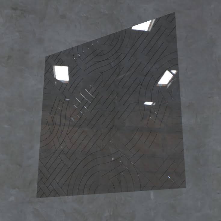 Détail d'un vitrail contemporain aux lignes courbes gravées, projet Cistercienne par l'artiste Édith Théret