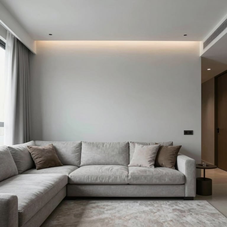 Interior of a luxury apartment living room in Sao Paulo after a full renovation, featuring minimalist design and light gray walls.