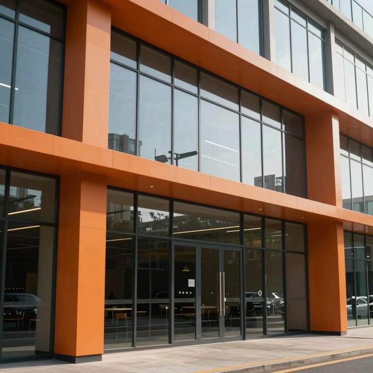 Exterior facade of a commercial building featuring modern orange amber design elements and large glass panels.