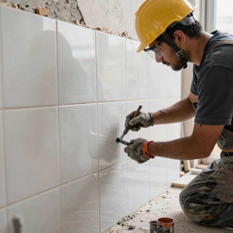 Detailed shot of high-end porcelain tile installation being performed by a skilled Brazilian worker wearing safety gear.