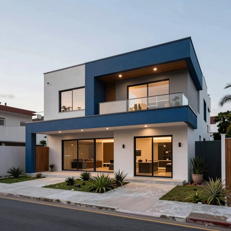 A wide shot of a modern house renovation in a Brazilian urban area, featuring sleek lines and midnight blue architectural details.