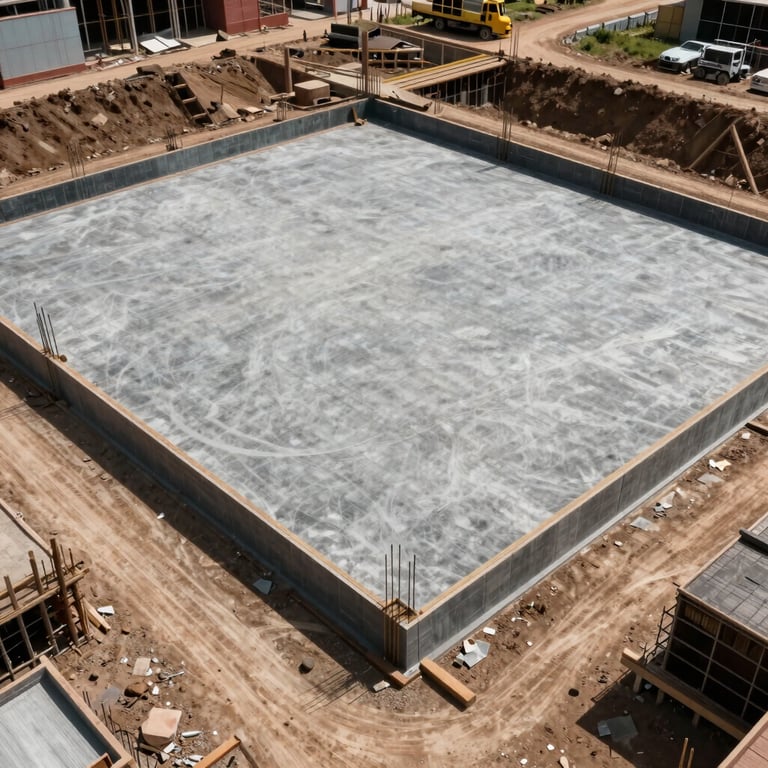 A high-angle shot of a clean, organized South American construction site showing the solid foundation and structural integrity.