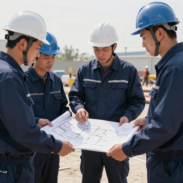A team of construction professionals in midnight blue uniforms discussing project milestones over a blueprint on a bright site.