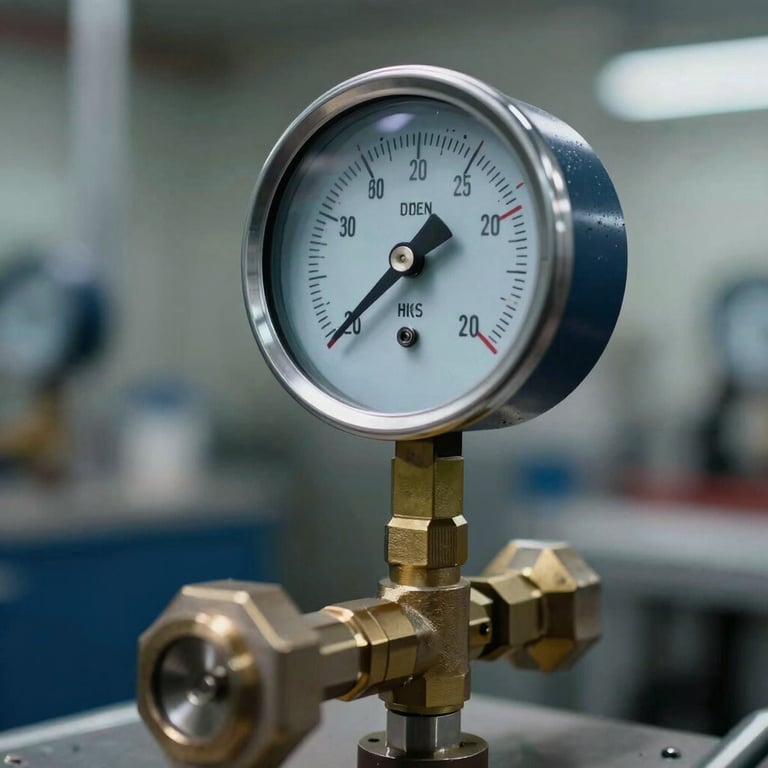 A close-up of a precision pressure gauge in an industrial facility with dark blue and gold tones.