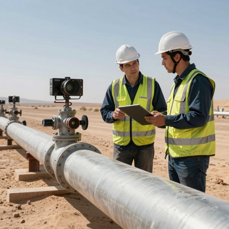 Technical engineers in safety gear examining a desert pipeline under a clear sky, International / Global.