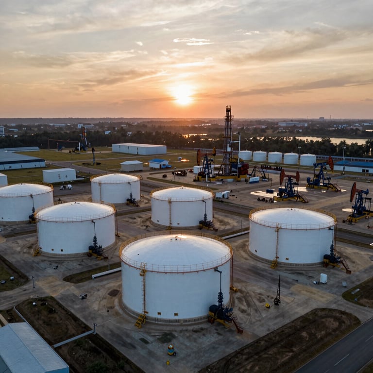 Aerial view of a well-maintained oil field supply terminal at sunset, showing global scale.