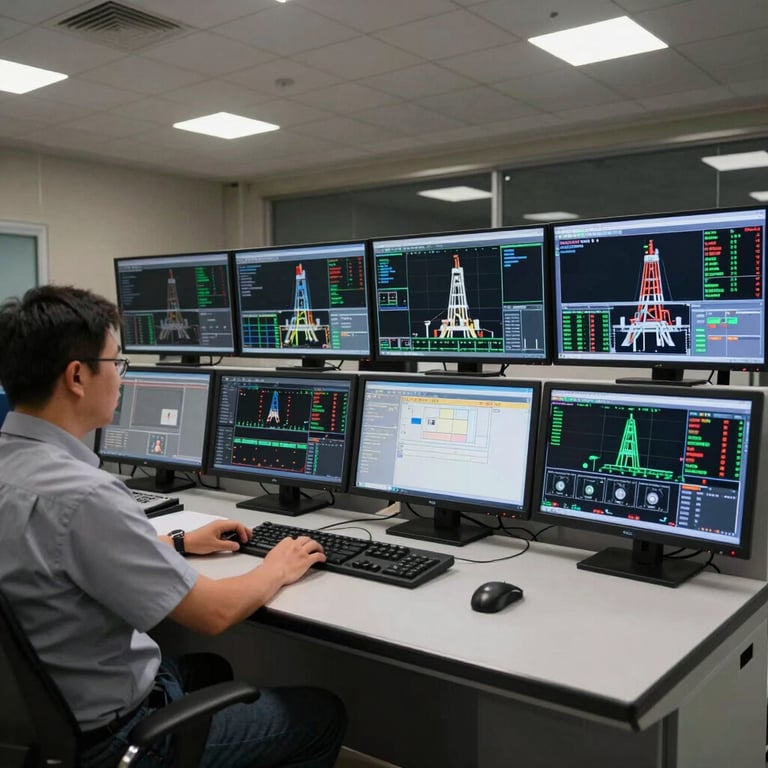 A modern control room with sleek monitors showing drilling data, showcasing modern efficiency.
