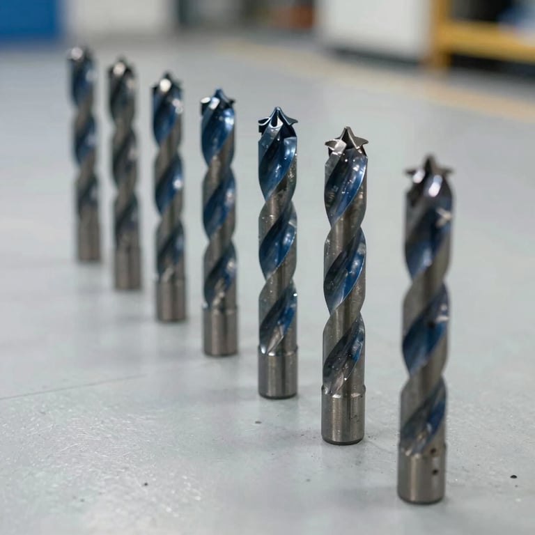 A row of heavy-duty drill bits on a clean warehouse floor, metallic textures in steel blue and light gray.