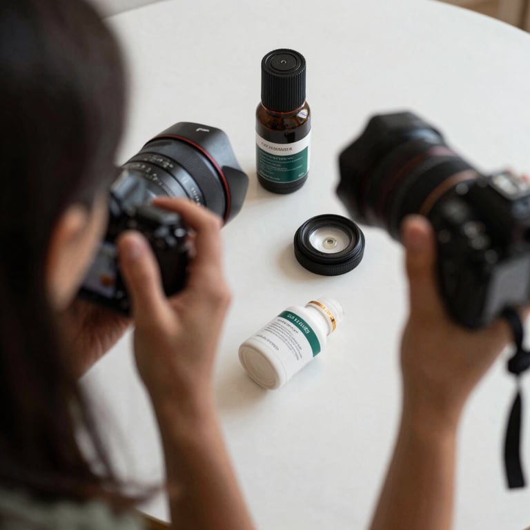 An overhead shot of a photographer styling lifestyle products for a social media campaign.