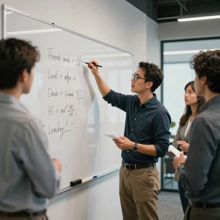 Team members in smart-casual attire brainstorming on a large white board in a modern office.