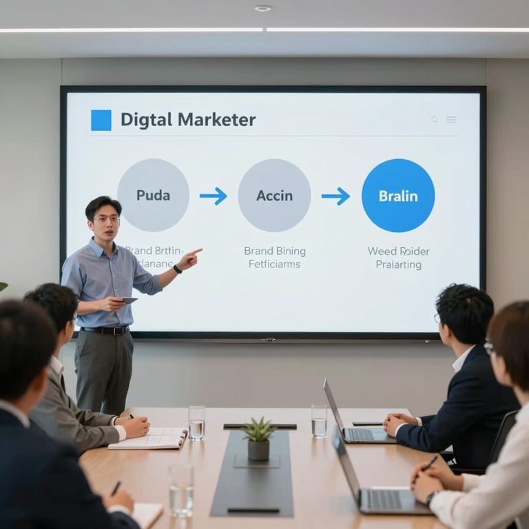 A bright conference room where a digital marketer is presenting a brand strategy on a large screen.