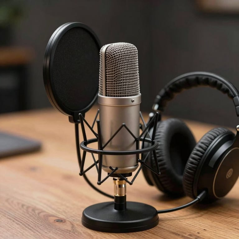 A professional studio microphone and headphones on a desk, ready for a podcast recording session.