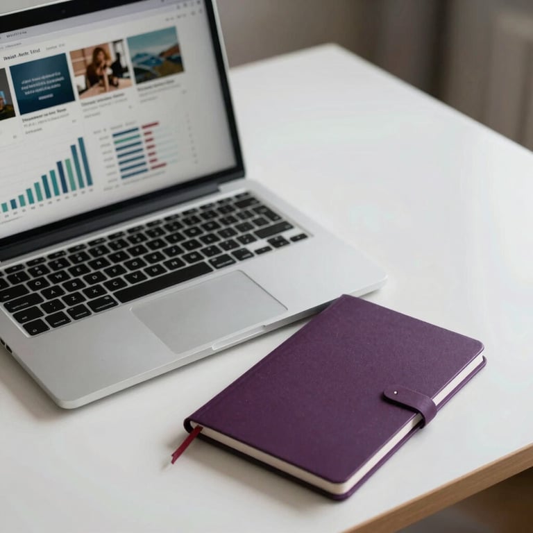 A minimalist desk with a silver laptop showing social media analytics and a deep purple notepad.