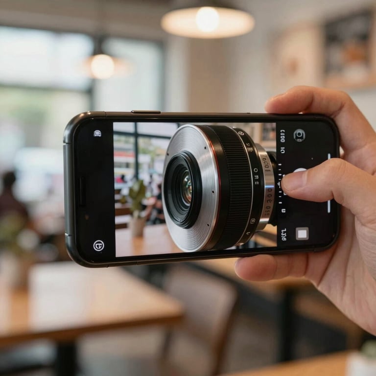 A close-up of a hand using a smartphone to film a high-quality reel in a bright North American cafe setting.