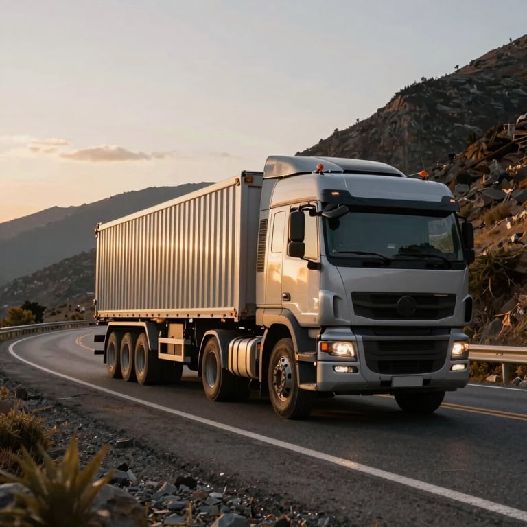 Low-angle wide shot of a multi-axle heavy transport truck navigating a winding Andean mountain highway under dramatic golden hour morning light, high contrast, industrial power.