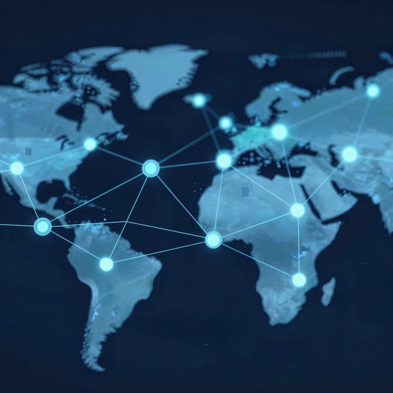 An abstract visualization of data nodes connecting, representing seamless global collaboration and BIM workflows.