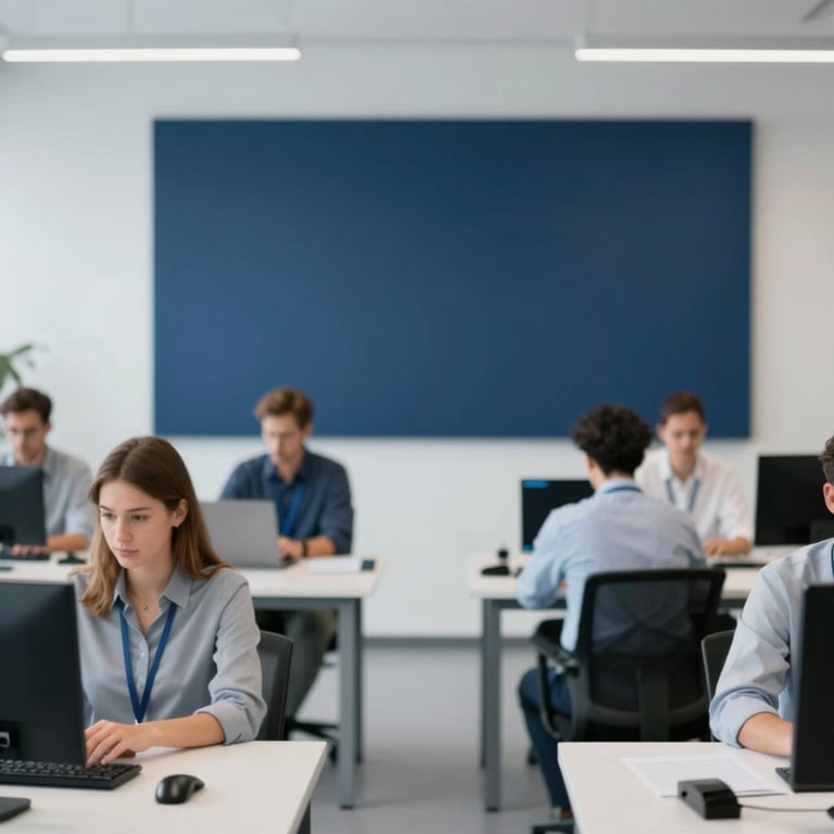 A professional engineering team working in a minimalist, tech-forward studio space with cool navy accents.