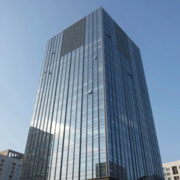 A wide shot of a modern glass skyscraper reflecting a clean blue sky, symbolizing architectural precision.