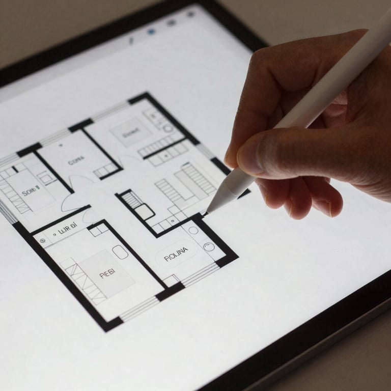 Close-up of a hand using a digital stylus on a tablet showing a complex architectural floor plan.