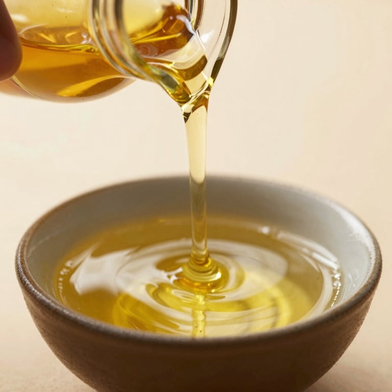 Macro shot of golden Ayurvedic oil being poured into a small ceramic bowl, illuminated by warm light.