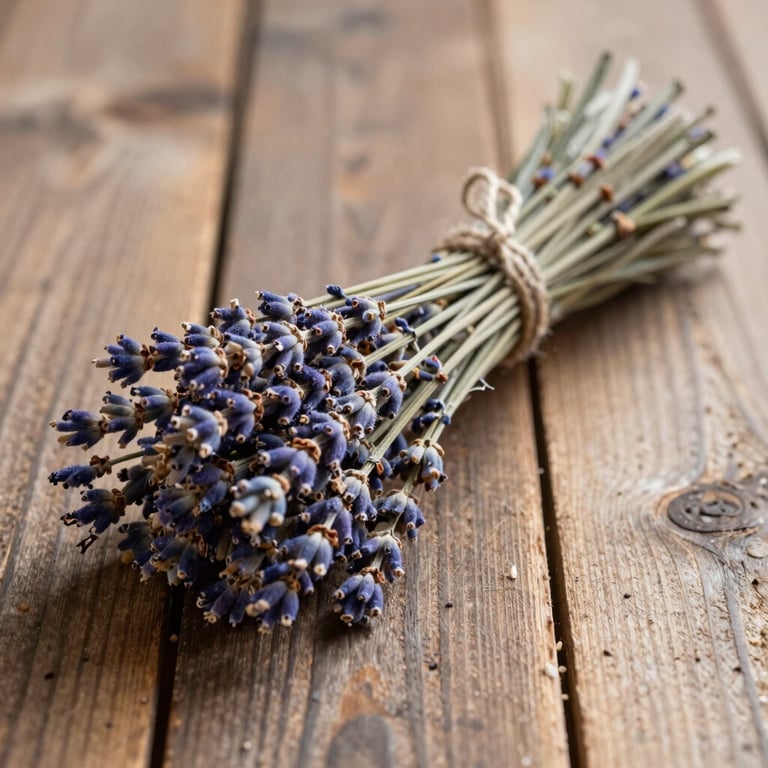 A bundle of dried lavender and sage tied with simple twine on a rustic wooden surface.