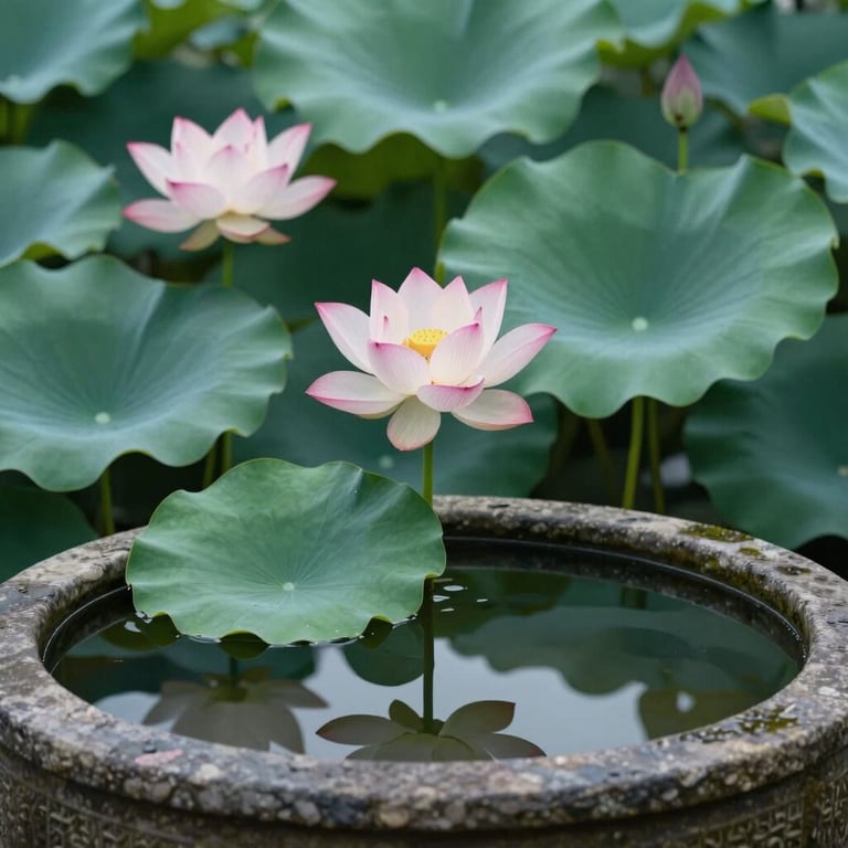 A serene garden scene with blooming lotus flowers in a stone water basin, reflecting a Muted Moss Green environment.