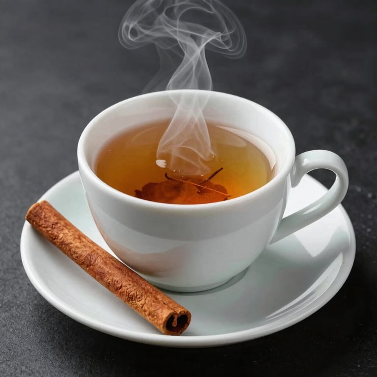 A steaming cup of herbal infusion with a cinnamon stick resting on a Pale Sage saucer.