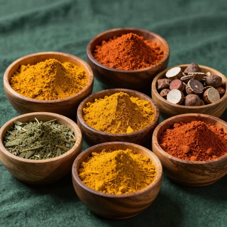 A selection of wooden bowls filled with vibrantly colored medicinal powders like turmeric and sandalwood on a Dark Forest Green linen cloth.