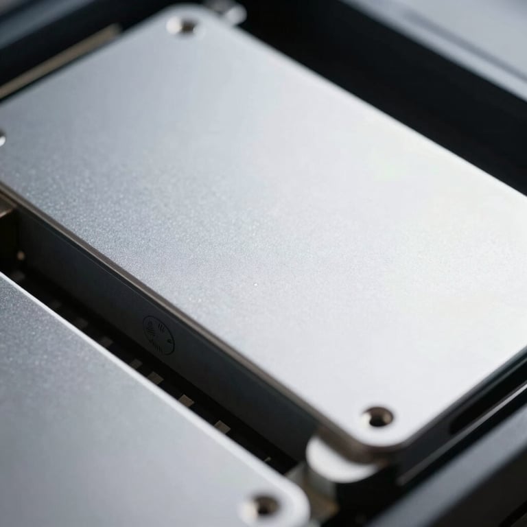 Macro shot of professional server hardware, light charcoal and silver colors, clean tech aesthetic.