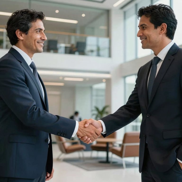 Professional handshake between two South American business people in a modern tech office foyer.