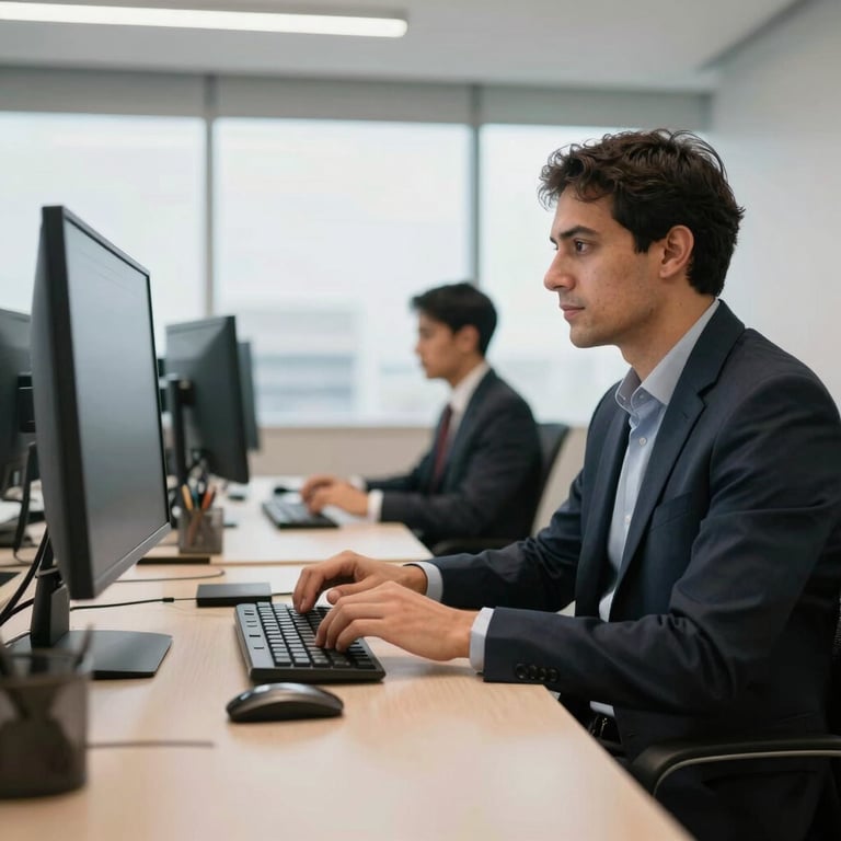 A South American professional working on a high-end desktop in a brightly lit modern Brazilian office.
