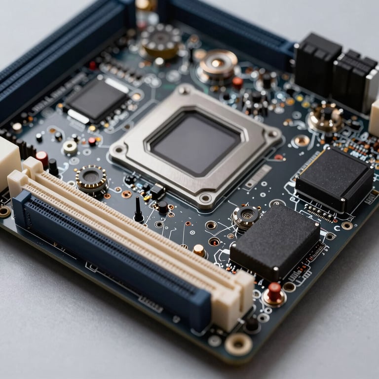 Detailed view of a modern computer motherboard, professional studio lighting, technical precision.