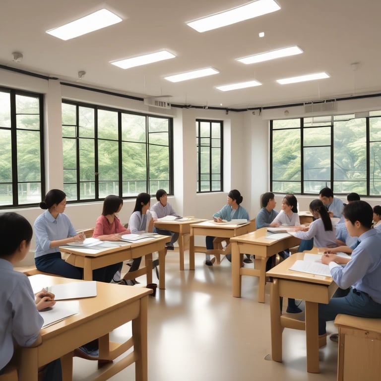 A lively classroom with students engaged in learning Japanese language.