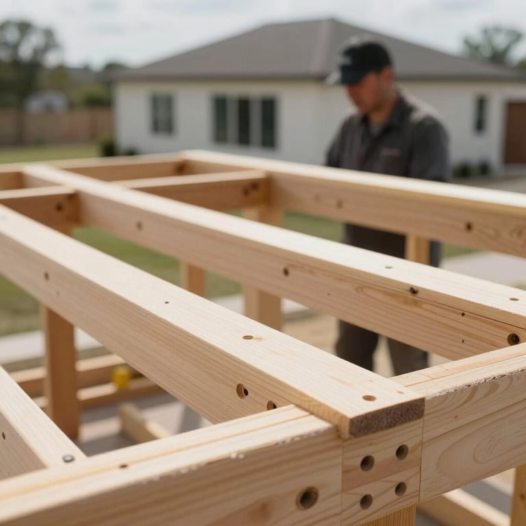 Close-up of professional framing and structural addition work on a modern Texan home.